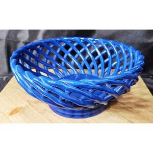Large Blue Reticulated 10.5" diameter x 4.5" Tall Home Centerpiece Bowl
